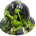 Lime Green Biker Art Custom Hydro Dipped Full Brim Hard Hat - Front View