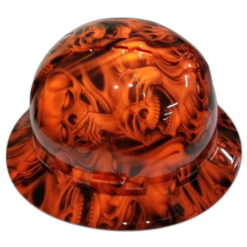 Orange Three Wise Skulls hard hat left side view