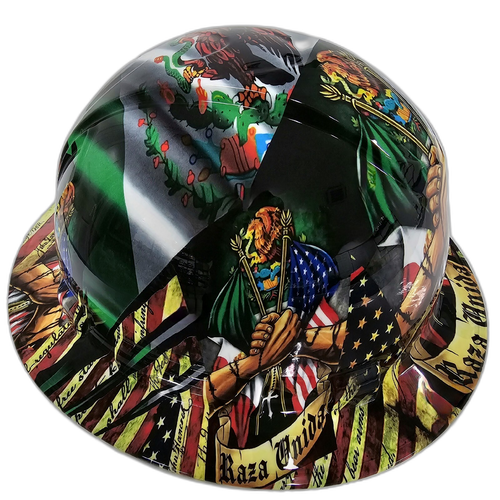 Full brim hard hat hydro-dipped in Mexican Roots Raza Unida Usa Pride - Image 2