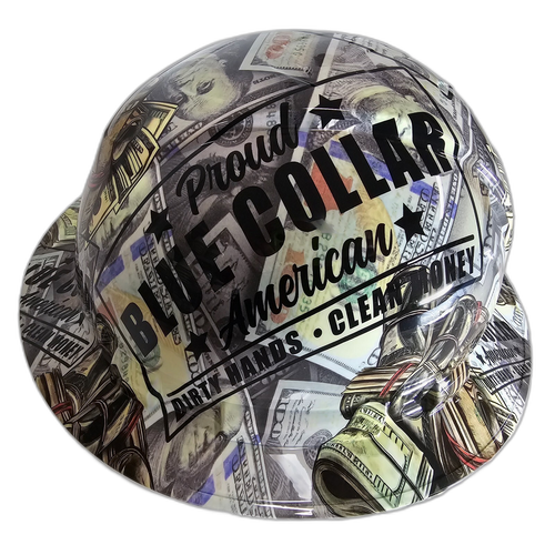 Full brim hard hat hydro-dipped in Blue Collar Dirty Hands Clean Money - Image 5