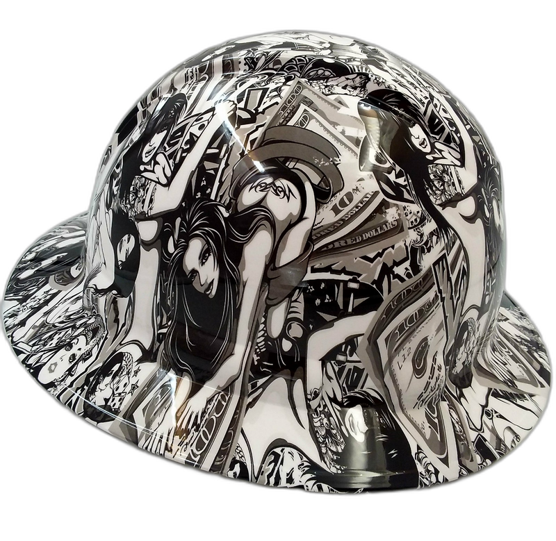 B&W Street Art Money Collage hard hat right side view