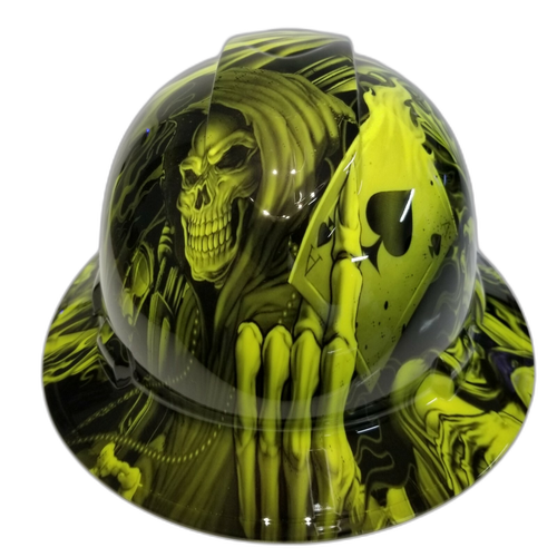 Full brim hard hat hydro-dipped hi Vis Green Ace of Skulls - Image 1