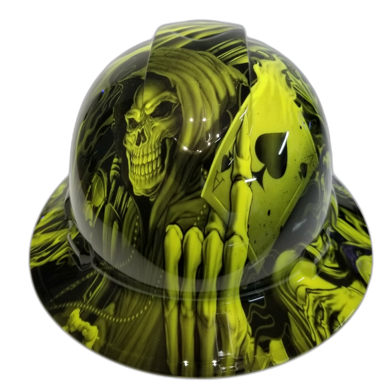 Full brim hard hat hydro-dipped hi Vis Green Ace of Skulls - Image 1