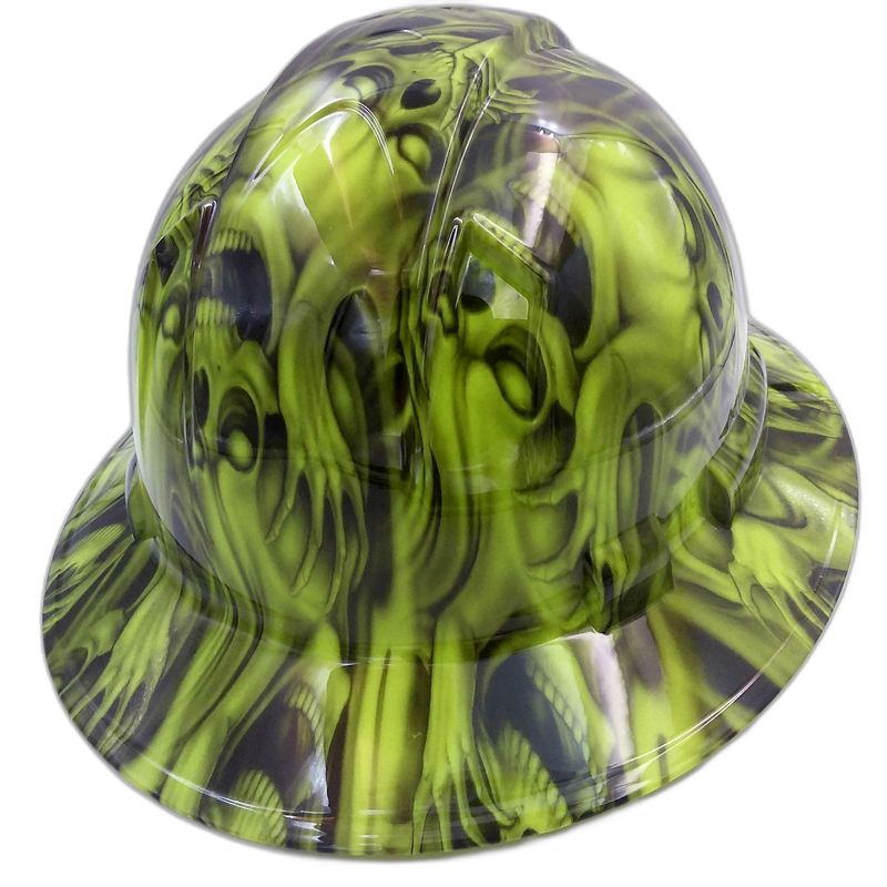 Neon Green Three Wise Skulls hard hat back view