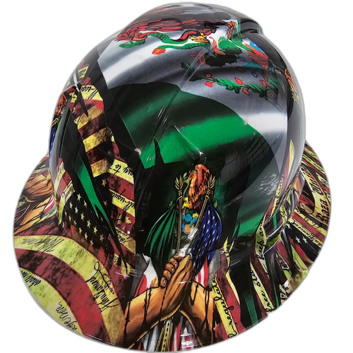 Full brim hard hat hydro-dipped in Mexican Roots Raza Unida Usa Pride - Image 5