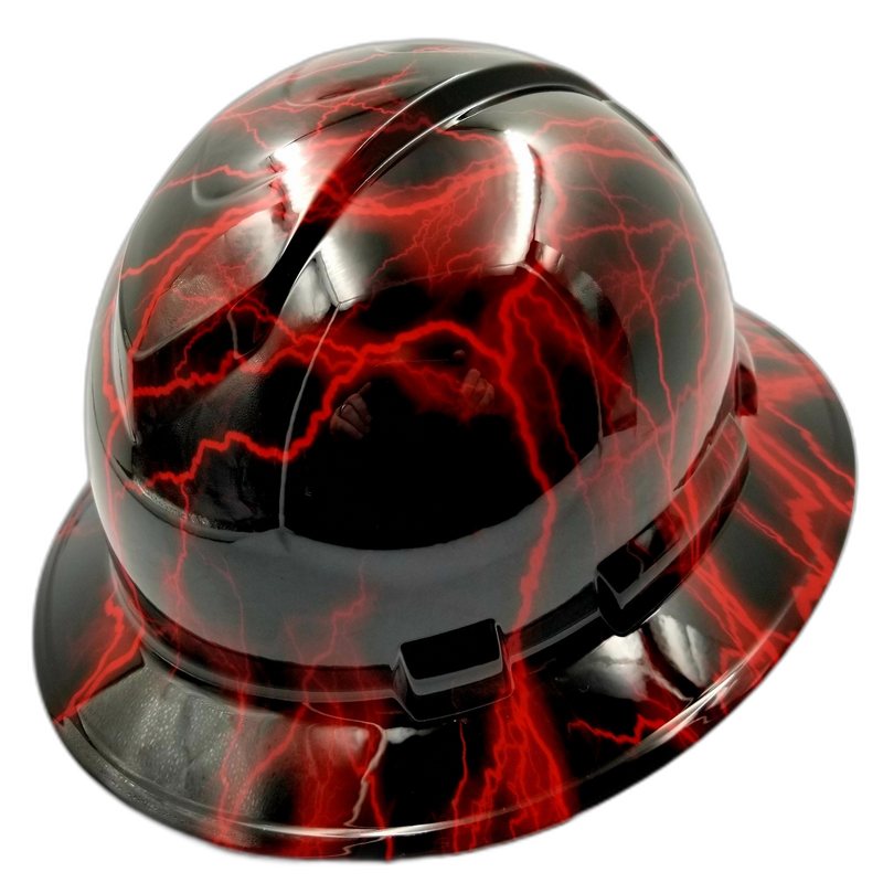 Candy Red Lightning on Black hard hat left side view