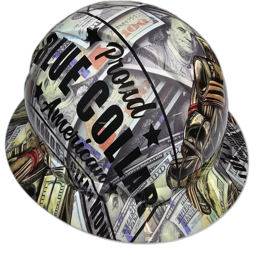 Full brim hard hat hydro-dipped in Blue Collar Dirty Hands Clean Money - Image 1