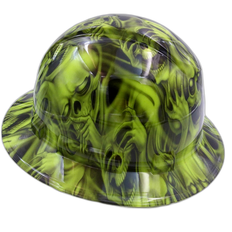 Neon Green Three Wise Skulls hard hat right side view