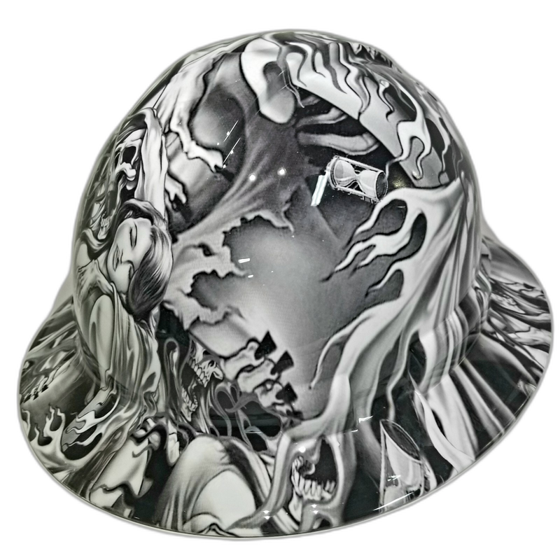Silver Grim Reaper Flames Art hard hat top view