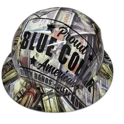 Full brim hard hat hydro-dipped in Blue Collar Dirty Hands Clean Money - Image 4