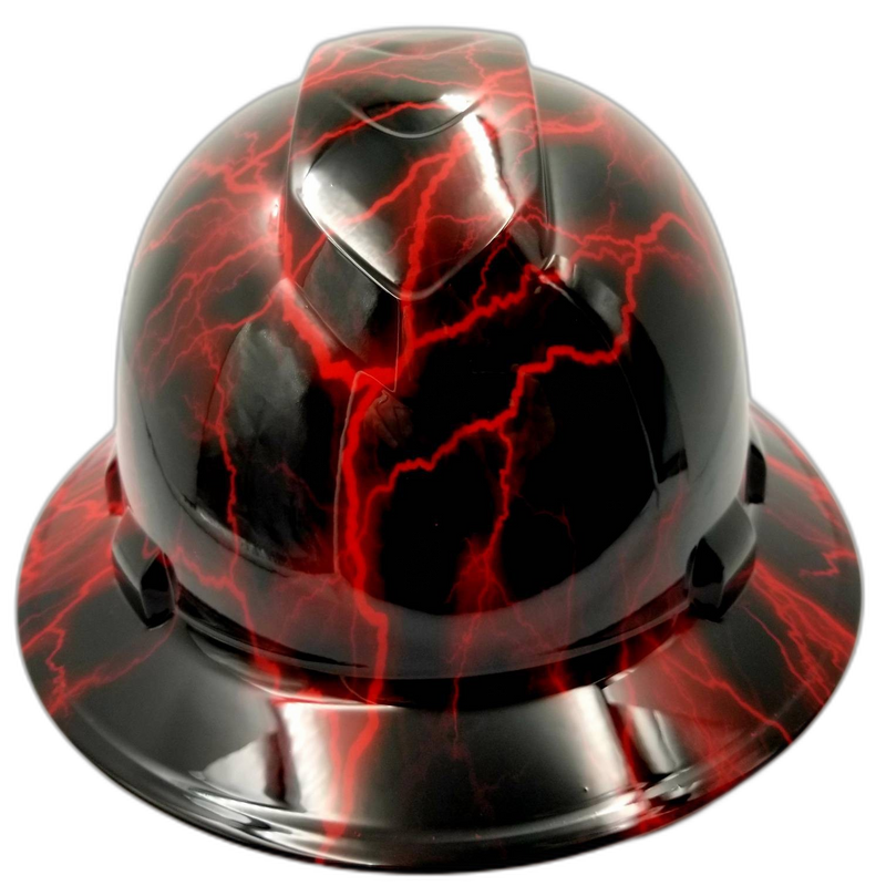 Candy Red Lightning on Black hard hat front view