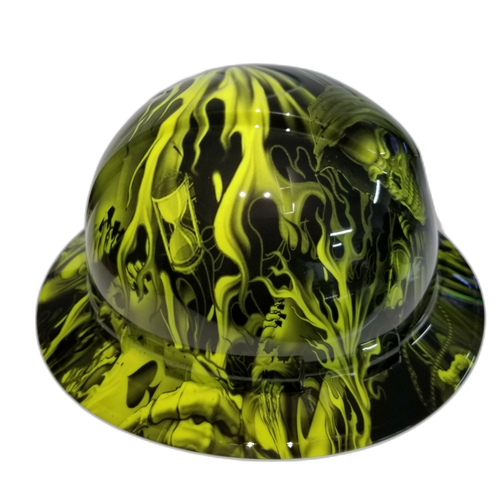 Full brim hard hat hydro-dipped hi Vis Green Ace of Skulls - Image 2