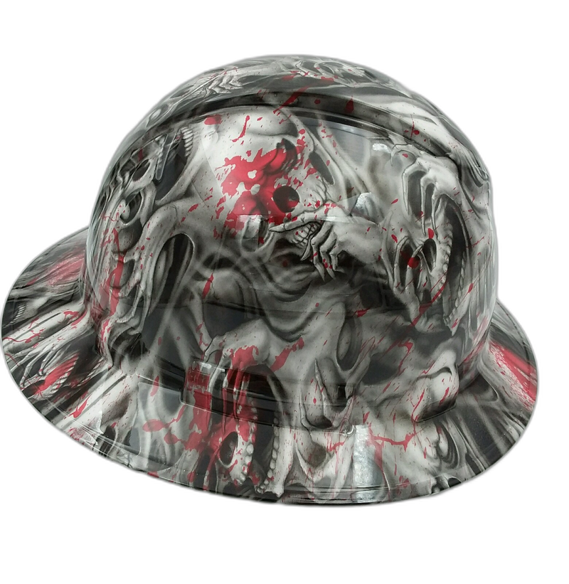 Blood Red Splatter Gray Skulls hard hat left side view