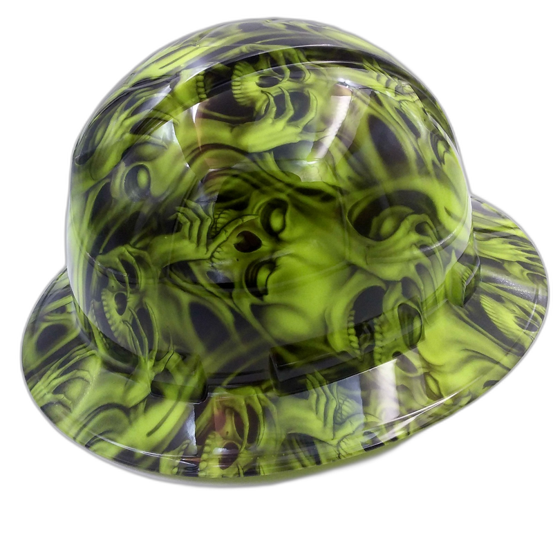Neon Green Three Wise Skulls hard hat left side view