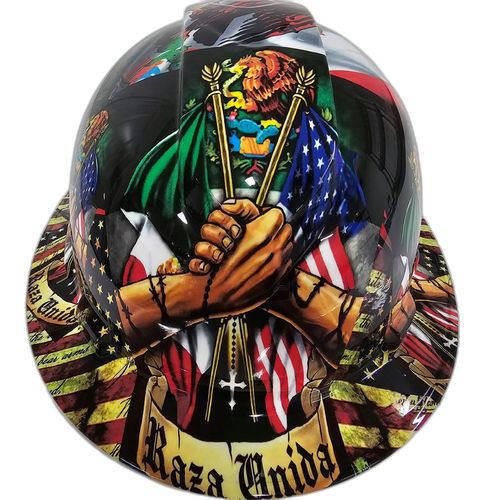Full brim hard hat hydro-dipped in Mexican Roots Raza Unida Usa Pride - Image 1