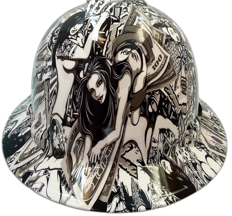 B&W Street Art Money Collage hard hat front view