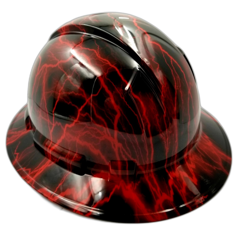 Candy Red Lightning on Black hard hat top view