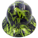 Lime Green Biker Art Custom Hydro Dipped Full Brim Hard Hat - Back View