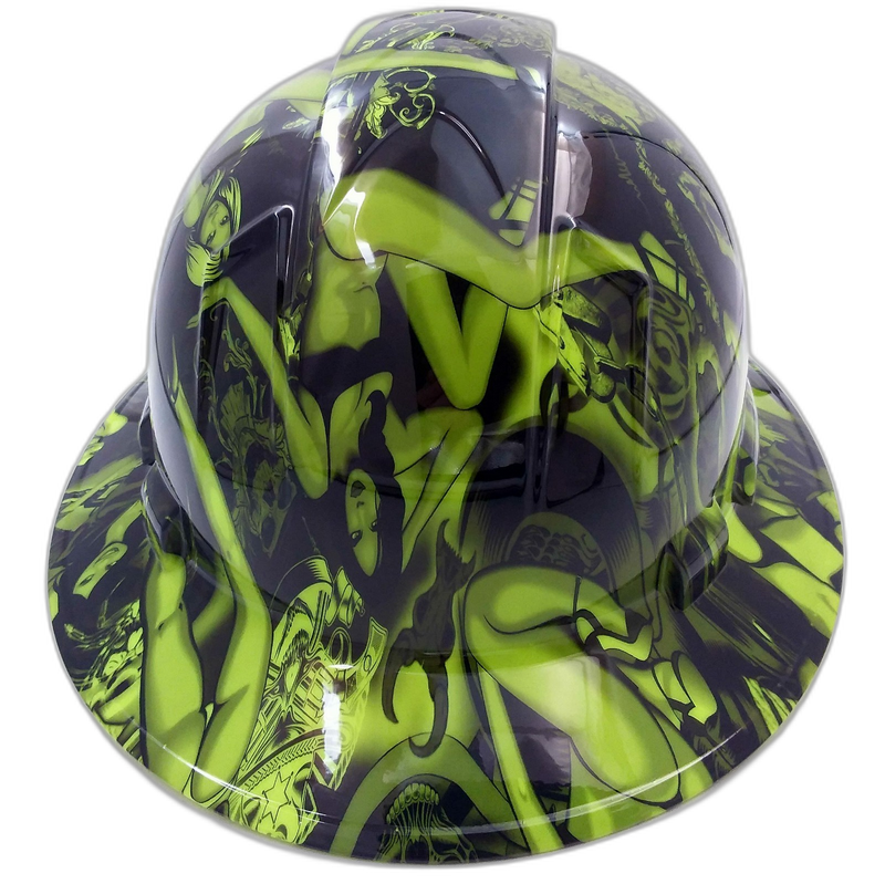 Neon Lime Biker Skull Art hard hat back view