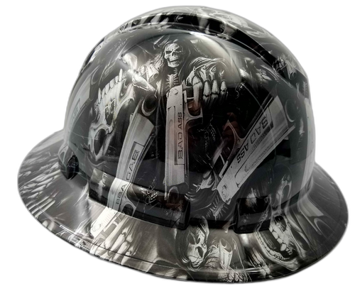 Full brim hard hat hydro-dipped Silver n Black Grim Reaper Shooter Skull - Image 2