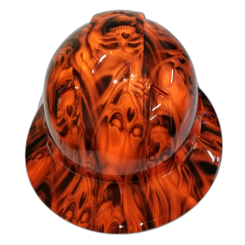 Orange Three Wise Skulls hard hat back view