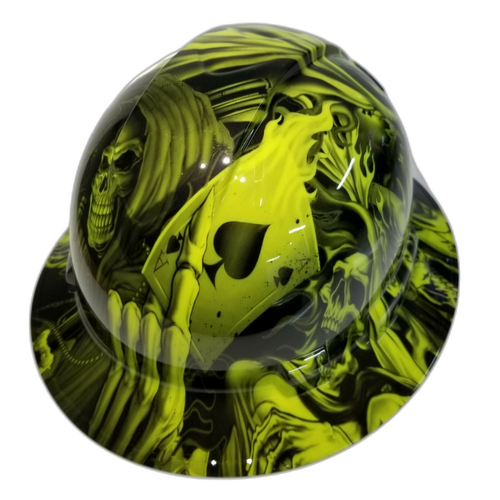 Full brim hard hat hydro-dipped hi Vis Green Ace of Skulls - Image 5