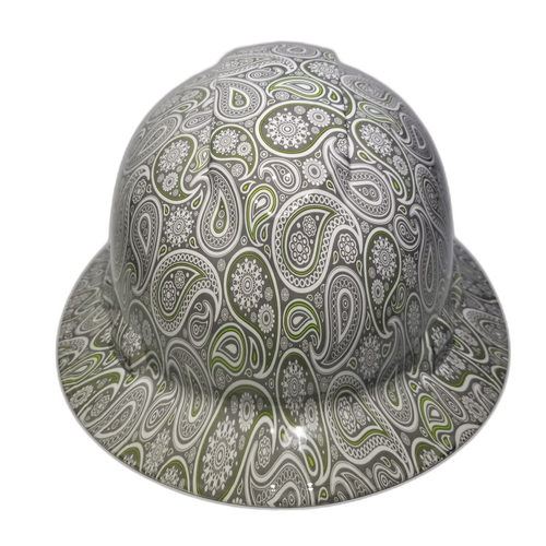 Green Pinstripe Paisleys Custom Hydro Dipped Full Brim Hard Hat - Front View