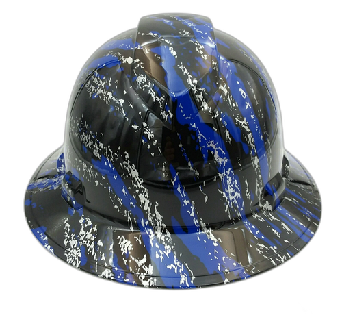 Urban Camo Blue Splash Custom Hydro Dipped Full Brim Hard Hat - Front View