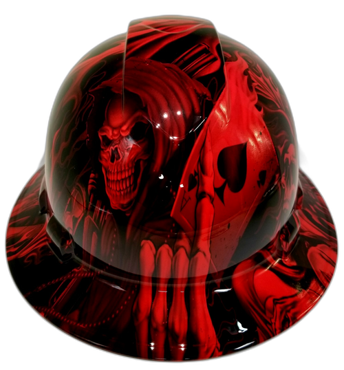 Candy Radioactive Red Ace Of Skulls Custom Hydro Dipped Full Brim Hard Hat - Front View