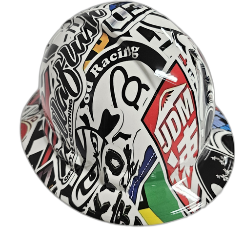 JDM Sticker Bomb Import Drift Missile Custom Hydro Dipped Full Brim Hard Hat - Front View