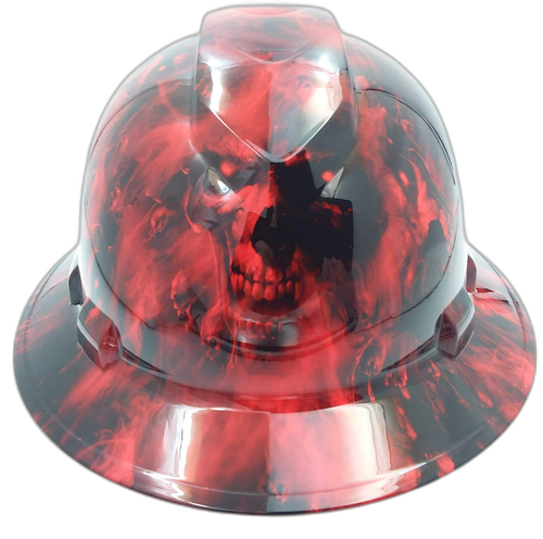 Red Hades Evil Skull Custom Hydro Dipped Full Brim Hard Hat - Front View
