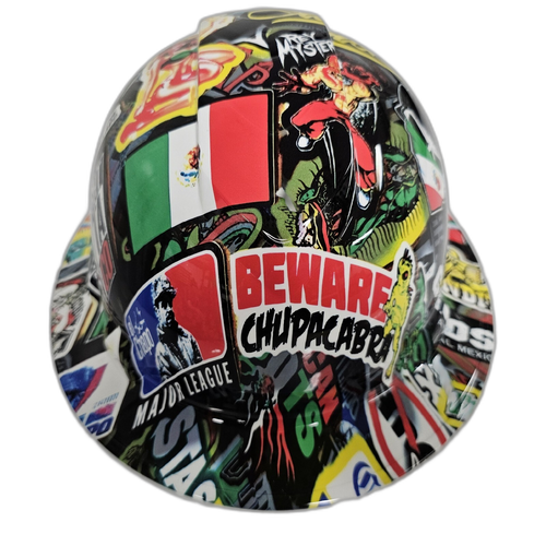 Mexican Extreme Sticker Bomb Custom Hydro Dipped Full Brim Hard Hat - Front View