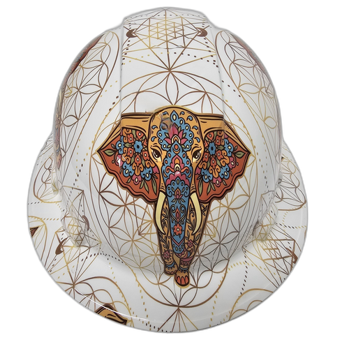 Mosaic Elephant Pattern Custom Hydro Dipped Full Brim Hard Hat - Front View