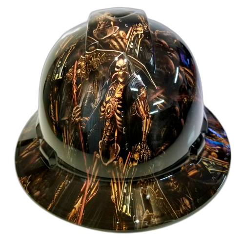 Steampunk Grim Reaper Custom Hydro Dipped Full Brim Hard Hat - Front View