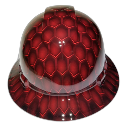 3D Red Hex Carbon Deep 3D Effects Custom Hydro Dipped Full Brim Hard Hat - Front View