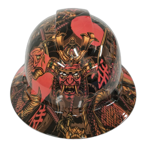 Japanese Foo Dog Koi Fish Custom Hydro Dipped Full Brim Hard Hat - Front View