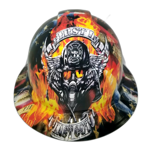 Firefighter First In Last Out Custom Hydro Dipped Full Brim Hard Hat - Front View