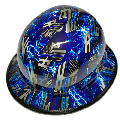 Blue Line Ice Skulls Custom Hydro Dipped Full Brim Hard Hat - Front View