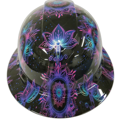 Lotus Flower Neon Color Custom Hydro Dipped Full Brim Hard Hat - Front View