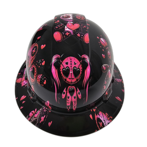 Hot Pink Voodoo Dolls Custom Hydro Dipped Full Brim Hard Hat - Front View