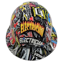 Electrician Extreme Sticker Bomb Custom Hydro Dipped Full Brim Hard Hat - Front View