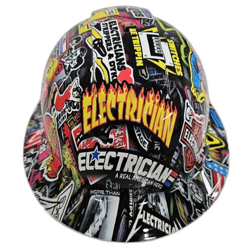 Electrician Extreme Sticker Bomb Custom Hydro Dipped Full Brim Hard Hat - Front View