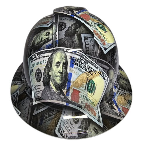 Big Money Grip Benjamin's 100's Custom Hydro Dipped Full Brim Hard Hat - Front View