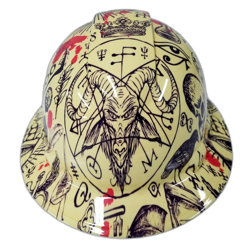 Alchemy Occult Wiccan Pentagram Custom Hydro Dipped Full Brim Hard Hat - Front View