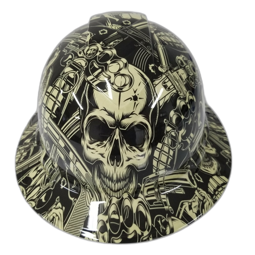 Old School Skulls And Mayhem Bone Custom Hydro Dipped Full Brim Hard Hat - Front View