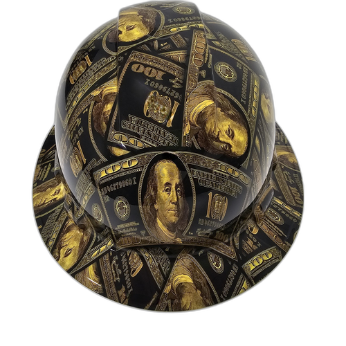 Big Money Goldbacks Gettin The Bag Custom Hydro Dipped Full Brim Hard Hat - Front View
