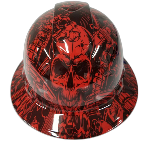 Old School Skulls And Mayhem Red Custom Hydro Dipped Full Brim Hard Hat - Front View