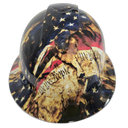 Battle Worn Tattered And Torn USA Flag Custom Hydro Dipped Full Brim Hard Hat - Front View