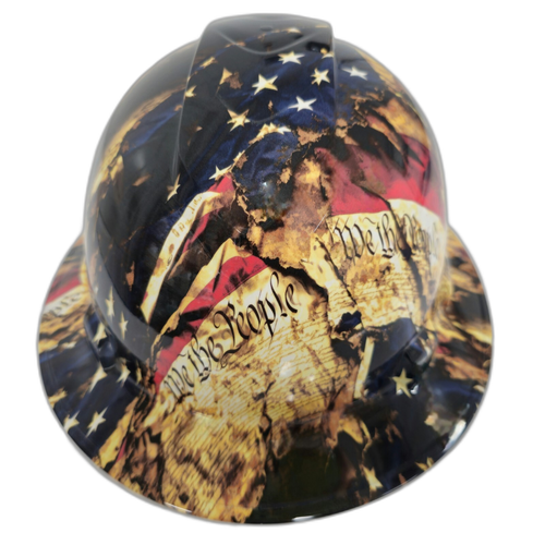 Battle Worn Tattered And Torn USA Flag Custom Hydro Dipped Full Brim Hard Hat - Front View
