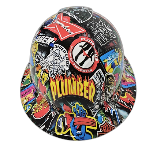 Plumbers Sticker Bomb Custom Hydro Dipped Full Brim Hard Hat - Front View